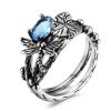 Creative Dragonfly Lotus Ring Women's Retro Ancient Silver Inlaid Zircon Ring - AQUAMARINE - 10