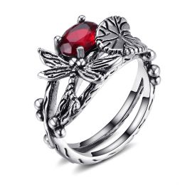 Creative Dragonfly Lotus Ring Women's Retro Ancient Silver Inlaid Zircon Ring - SIAM - 10