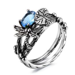 Creative Dragonfly Lotus Ring Women's Retro Ancient Silver Inlaid Zircon Ring - AQUAMARINE - 8