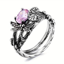 Creative Dragonfly Lotus Ring Women's Retro Ancient Silver Inlaid Zircon Ring - PINK - 10