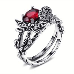 Creative Dragonfly Lotus Ring Women's Retro Ancient Silver Inlaid Zircon Ring - SIAM - 8