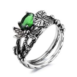 Creative Dragonfly Lotus Ring Women's Retro Ancient Silver Inlaid Zircon Ring - EMERALD - 9