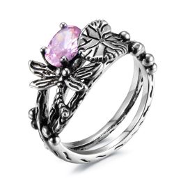 Creative Dragonfly Lotus Ring Women's Retro Ancient Silver Inlaid Zircon Ring - PINK - 7