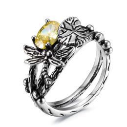 Creative Dragonfly Lotus Ring Women's Retro Ancient Silver Inlaid Zircon Ring - TOPAZ - 8