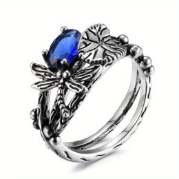 Creative Dragonfly Lotus Ring Women's Retro Ancient Silver Inlaid Zircon Ring - MONTANA - 7