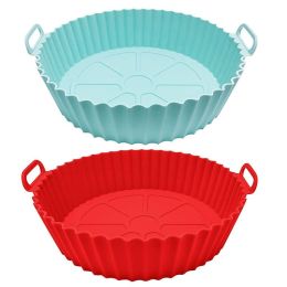 1/2pcs Air Fryer Silicone Pot; Reusable Air Fryer Liners; Silicone Air Fryer Basket; Food Safe Air Fryer Accessories - Dark Red + Light Blue