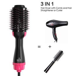 Hair Dryer 3 in 1 Hot Air Brush Styler and Volumizer Blow Dryer Salon Blower Brush Electric Hair Straightener Curler Comb - pink