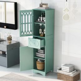 Tall Bathroom Cabinet, Freestanding Storage Cabinet with Drawer and Doors, MDF Board, Acrylic Door, Adjustable Shelf, Green - as Pic