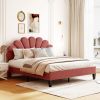 Queen Size Upholstered Platform Bed with Flower Pattern Velvet Headboard, Bean Paste Red - as Pic