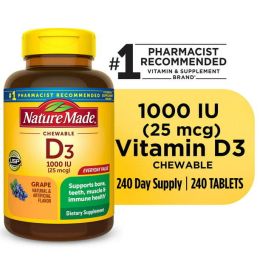 Nature Made Vitamin D3 1000 IU (25 mcg) Chewable Tablets;  Immune Health;  240 Count - Nature Made