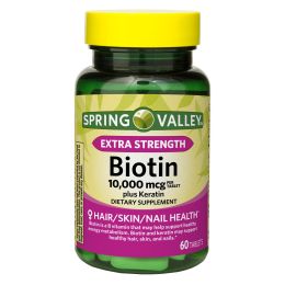 Spring Valley Extra Strength Biotin Plus Keratin Dietary Supplement;  10; 000 mcg;  60 Count - Spring Valley