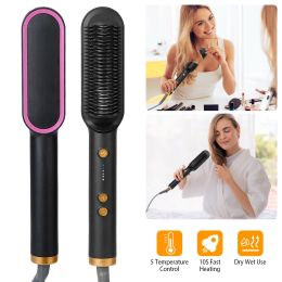 Electric Hair Straightener Brush Straightening Curler Brush Hot Comb 5 Temperature Adjustment 10S Fast Heating - US