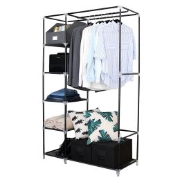 64" Portable Closet Storage Organizer Wardrobe Clothes Rack with Shelves Black  - black