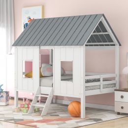 Twin Size Low Loft House Bed with Roof and Two Front Windows - White