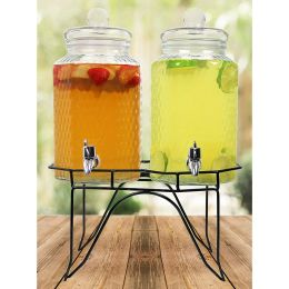 Hammered Glass Double Beverage Drink Dispenser On Stand With Leak Free Spigot, 1 Gallon Each - Glass