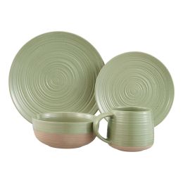 White Round Stoneware 16-Piece Dinnerware Set - Green