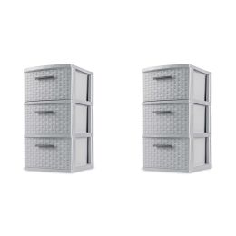 3 Drawer Weave Tower Plastic, White, Set of 2 - Cement