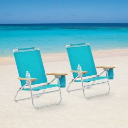 2-Pack Wood Arm Reclining Comfort Height Beach Chair, Green Palm - Teal - 2