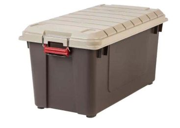 82 qt. Stackable Storage Tote, with Heavy-duty Red Buckles and Beige Lid, in Brown - Brown