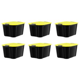 20 Gallon Black Plastic Black Latches Yellow Lid Tote Set of 6 - Set of 6