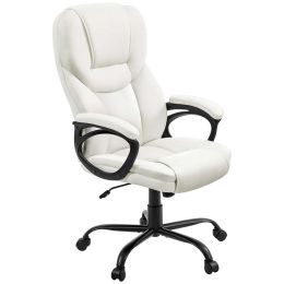 Faux Leather Swivel Office Chair with Ergonomic High Back for Home Office, White - White