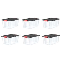 56 Quart Clear Plastic Red Latches Black Lid Tote Set of 6 - Set of 6