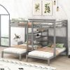 Full XL over Twin&Twin Bunk Bed with Built-in Four Shelves and Ladder - Gray