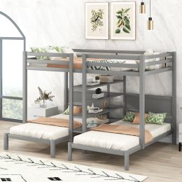 Full XL over Twin&Twin Bunk Bed with Built-in Four Shelves and Ladder - Gray