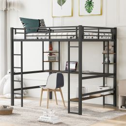 Full Size Loft Metal&MDF Bed with Long Desk and Shelves - Black