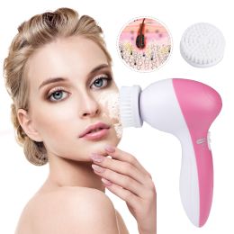 Facial Cleansing Brush Waterproof Face Spin Cleaning Brush with 5 Brush Heads Deep Cleansing Body Facial Brush - Pink