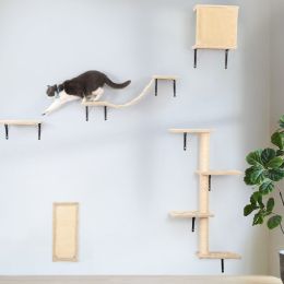 5 Pcs Wall Mounted Cat Climber Set;  Floating Cat Shelves and Perches;  Cat Activity Tree with Scratching Posts;  Modern Cat Furniture - Beige