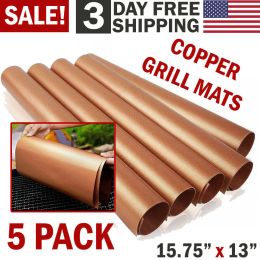 5pc Copper Grill Mats Baking Non Stick BBQ Mat Pad Bake Cooking Oven Sheet Liner XH - default