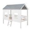 Twin Size Low Loft House Bed with Roof and Two Front Windows - White