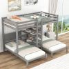 Twin XL over Twin&Twin Bunk Bed with Built-in Four Shelves and Ladder - Gray