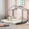 Twin XL/King Size House Platform Bed with Trundle,Roof Design - Gray