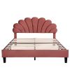 Queen Size Upholstered Platform Bed with Flower Pattern Velvet Headboard, Bean Paste Red - as Pic