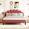 Queen Size Upholstered Platform Bed with Flower Pattern Velvet Headboard, Bean Paste Red - as Pic