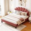 Queen Size Upholstered Platform Bed with Flower Pattern Velvet Headboard, Bean Paste Red - as Pic