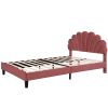 Queen Size Upholstered Platform Bed with Flower Pattern Velvet Headboard, Bean Paste Red - as Pic