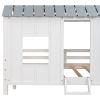 Twin Size Low Loft House Bed with Roof and Two Front Windows - White